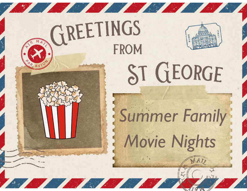 A postcard advertising our 2026 Summer Movie Nights. Free popcorn!
